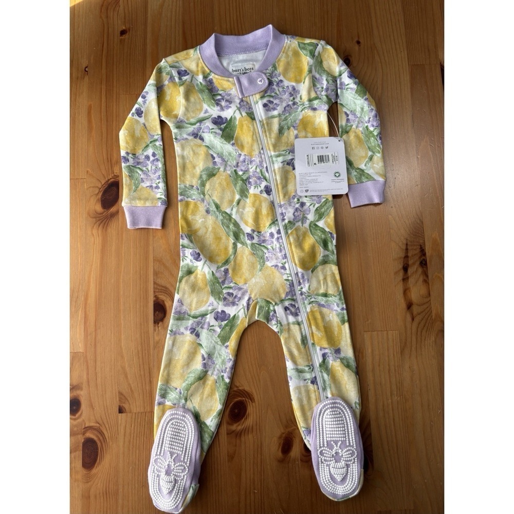 NWT Burt's Bees Baby Organic Cotton Lemon Floral Sleeper Size‎ 6-9M